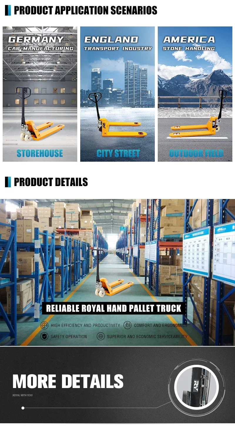 Royal 2500kg 3000kg 3500kg Nylon PU Wheel Hand Manual Pallet Jack Truck with Factory Price